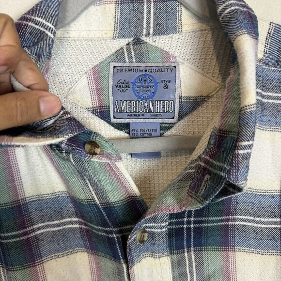 American Hero Plaid Thermal Knit Shirt Men's XL Blue Lined Button-Up - Picture 10 of 13